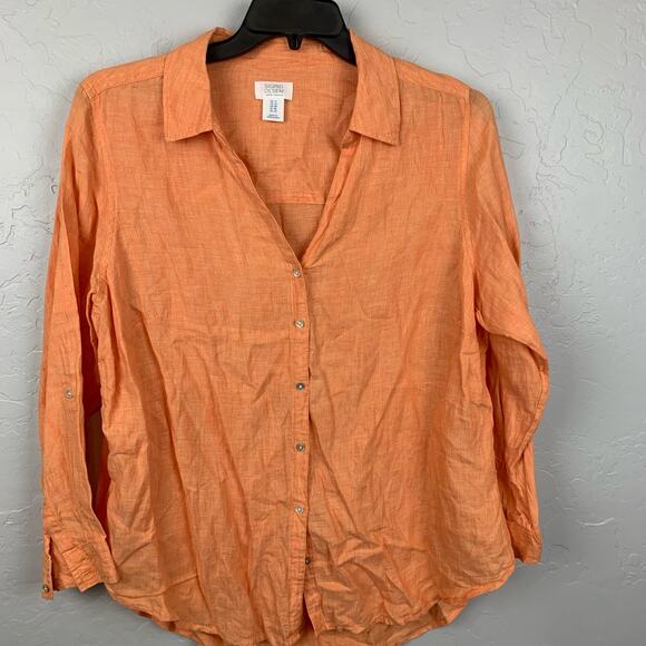 Sigrid Olsen Orange Linen Top Sizse 1X Roll Tab Sleeve V Neck Button Up Relaxed - Picture 1 of 7